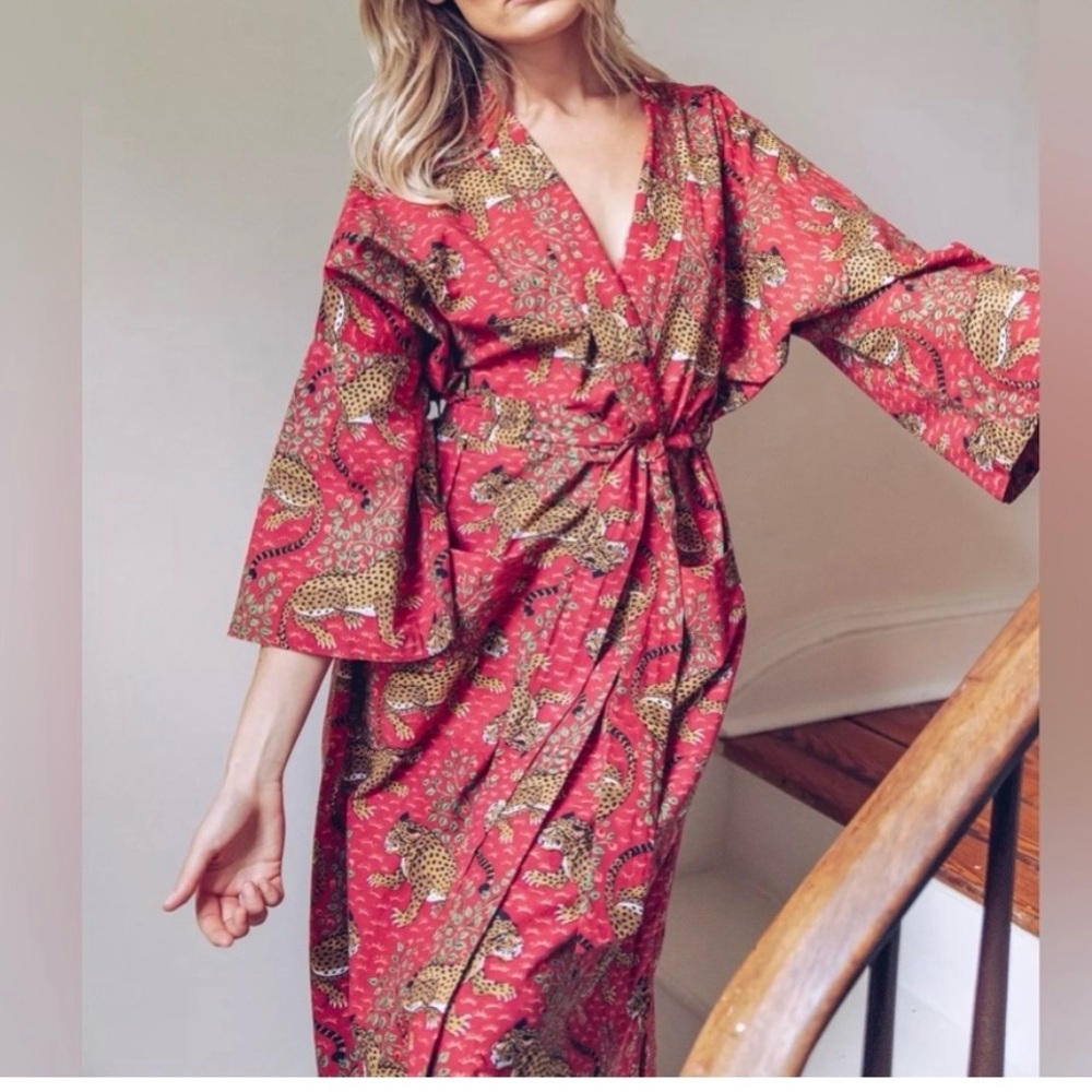 Red Leopard Print Wrap Robe with Tie Waist